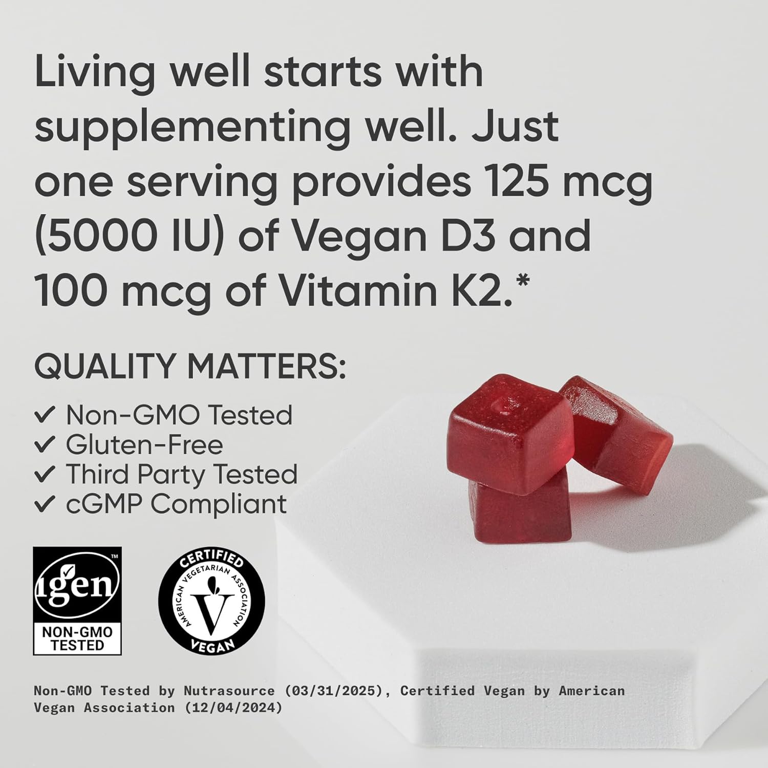 Sports Research Vegan Vitamin D3 + K2 Gummy Supplements, 60 Gummies - 5000iu Vitamin D with 100mcg Mk7 Vitamin K - Supports Bone& Immune Health