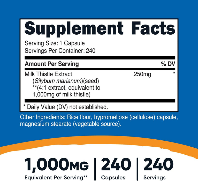 Nutricost Milk Thistle 1,000mg Equivalent, 240 Capsules - 250mg of 4:1 Extract - Vegan, Non-GMO and Gluten Free
