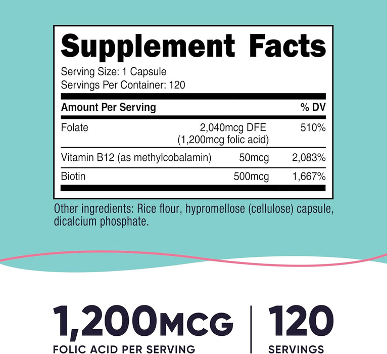 Nutricost Folic Acid for Women with Biotin and Vitamin B12, 120 Capsules - Veggie Caps, Non-GMO & Gluten Free