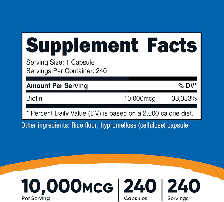 Nutricost Biotin Vitamin B7 Supplement, 240 Capsules - Vegetarian, Gluten Free, Quick Release, Non-GMO