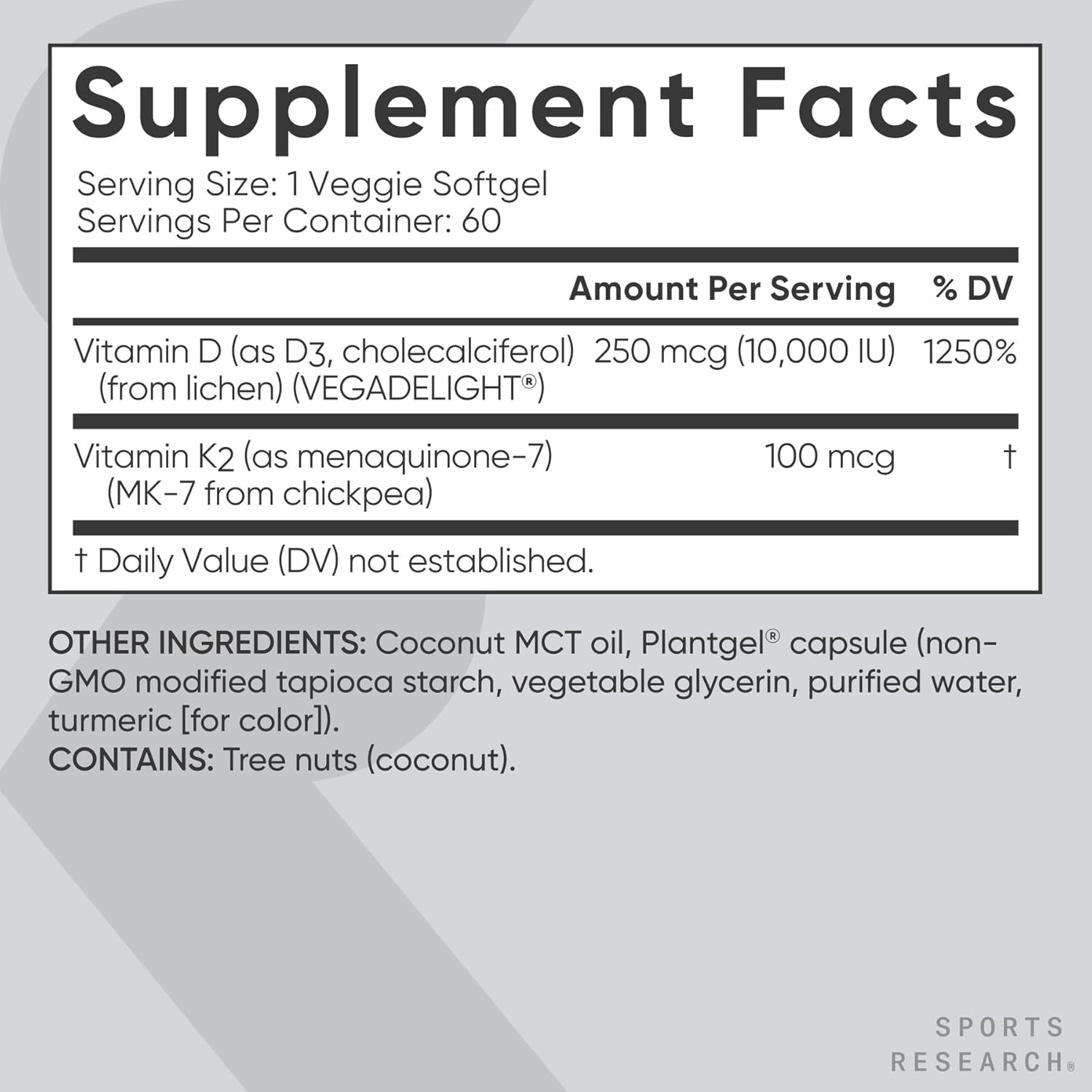 Sports Research Vitamin D3 + K2 10000iu - 60 softgels