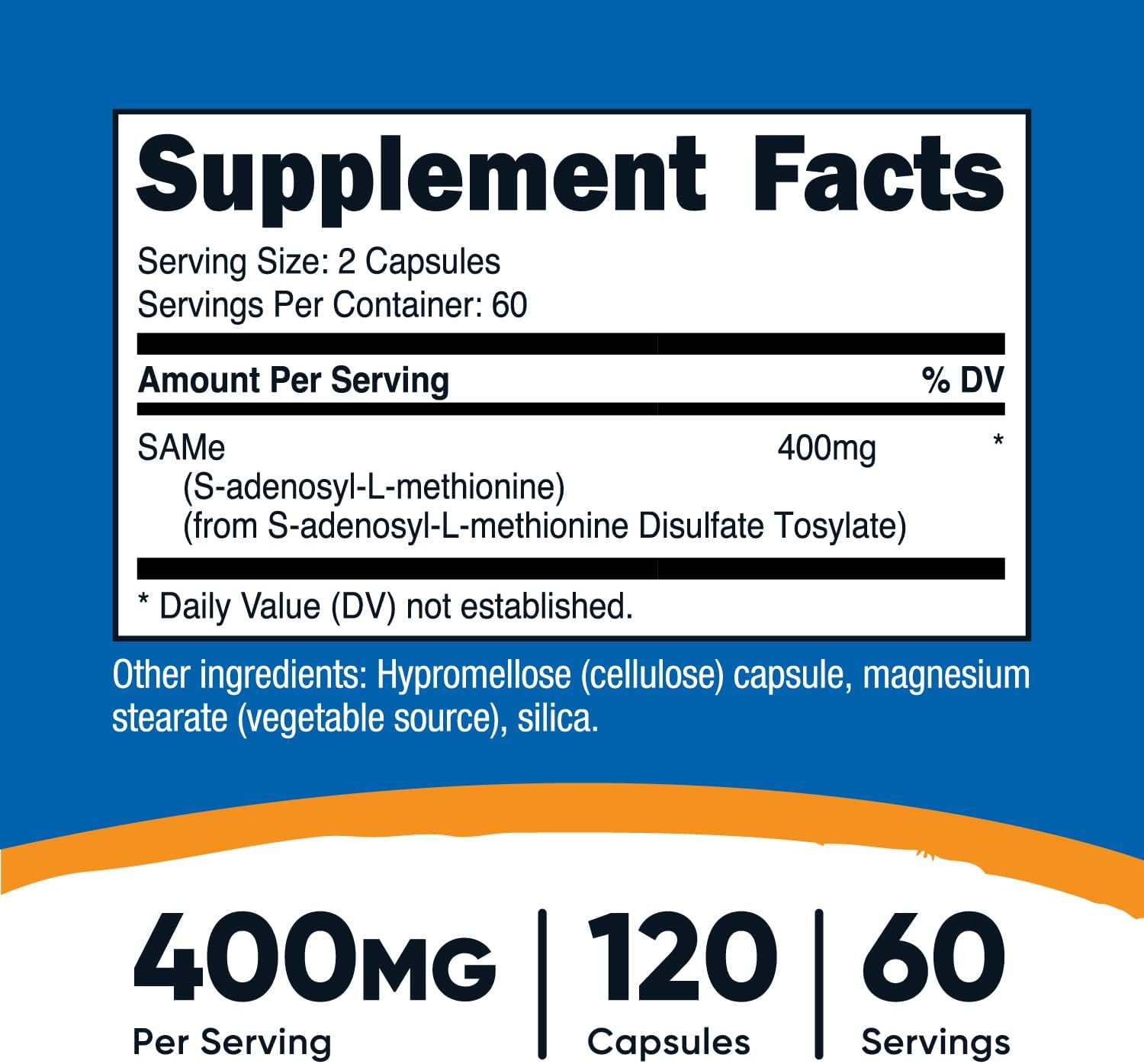 Nutricost SAM-e (S-Adenosyl-L-Methionine) 60 Servings, 120 Capsules - Non-GMO, Gluten Free, Vegetarian