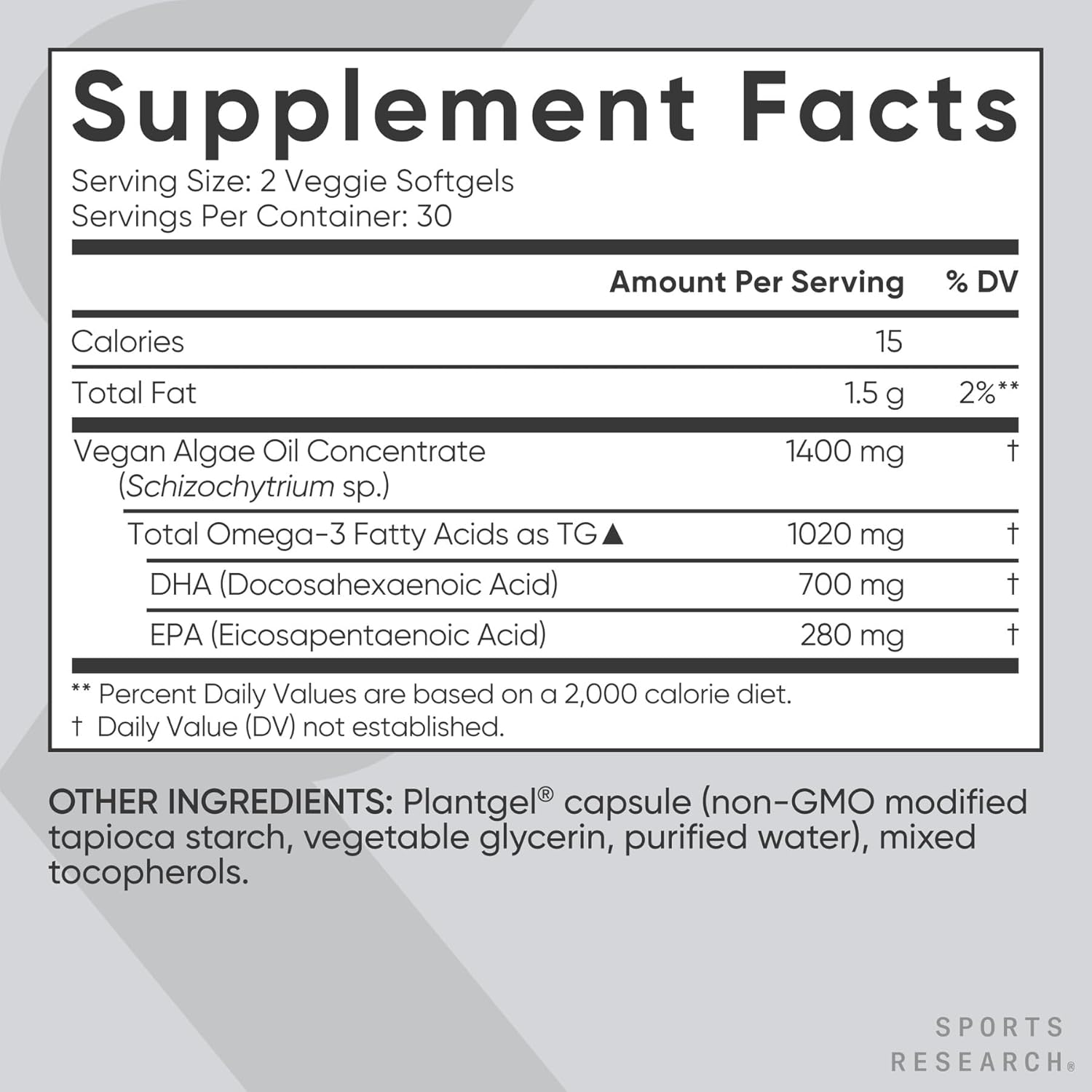Sports Research Vegan Omega-3 1400mg Algae Oil, 60 Veggie softgels - Highest Levels of Vegan DHA & EPA Fatty Acids