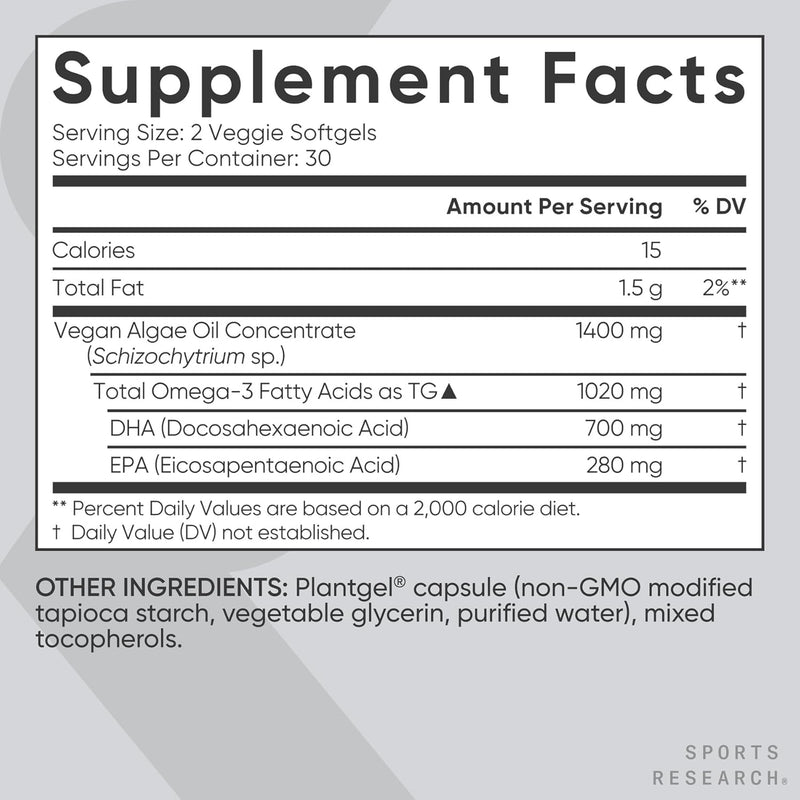 Sports Research Vegan Omega-3 1400mg Algae Oil, 60 Veggie softgels - Highest Levels of Vegan DHA & EPA Fatty Acids