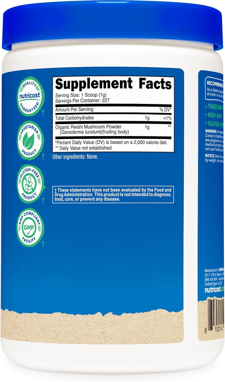 Nutricost Organic Reishi Mushroom Powder 227g - Unflavoured