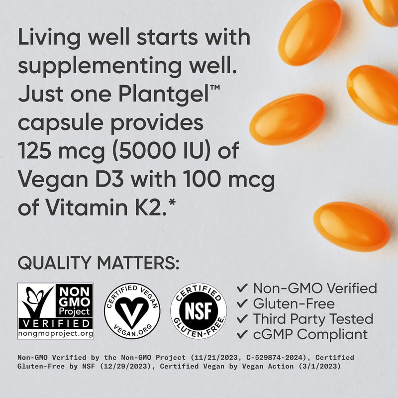 Sports Research Vitamin D3 + K2, 120 softgels - Plant Based K2 & Vegan D3 5000iu with Coconut MCT Oil - Vegan Certified, Soy & Gluten Free