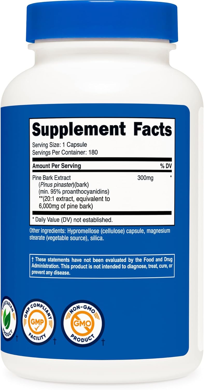 Nutricost Pine Bark Extract, 180 Capsules - Standardized to Contain 95% Proanthocyanidins - Vegetarian, Non-GMO and Gluten Free