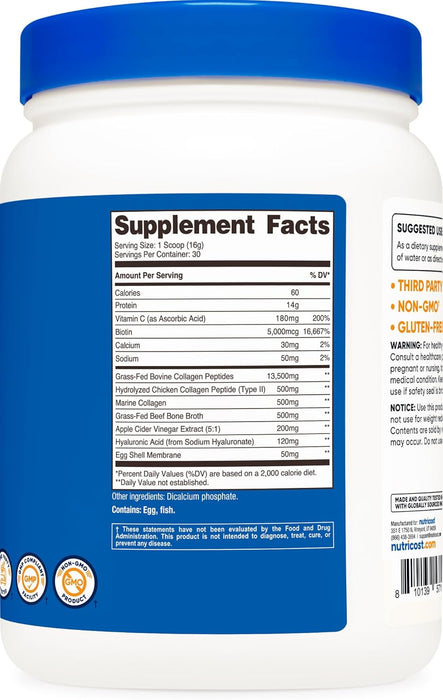 Nutricost Multi Collagen Protein Complex, Unflavored, 30 Servings - Supplement with Biotin, Hyaluronic Acid, and Collagen Peptides