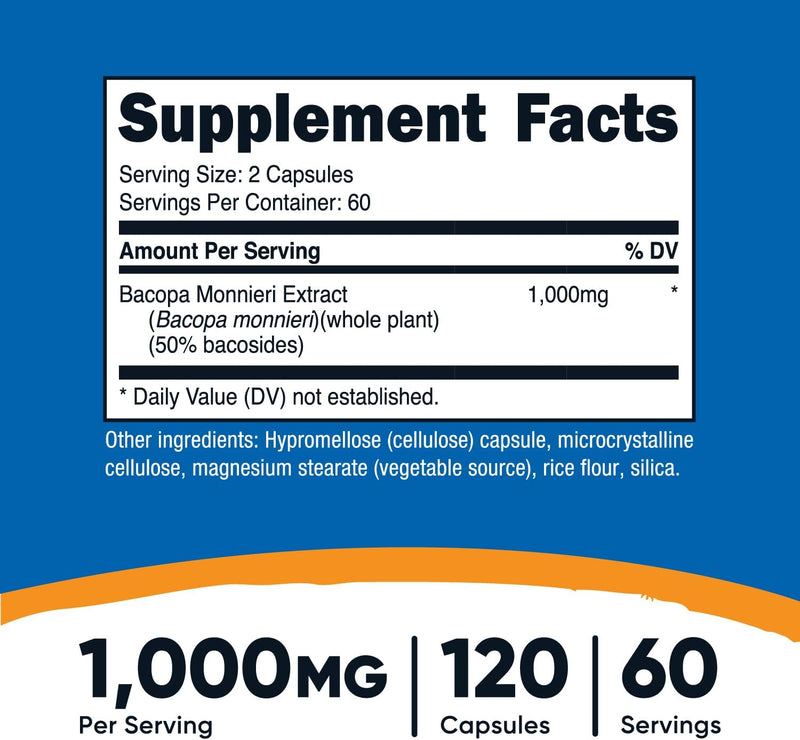 Nutricost Bacopa Monnieri 1000mg, 120 Capsules - Non-GMO, Gluten Free, and Vegetarian Friendly