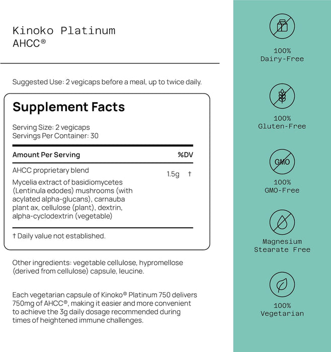 Quality of Life Kinoko Platinum AHCC Immune Support Supplement, 60 Vegetarian Capsules