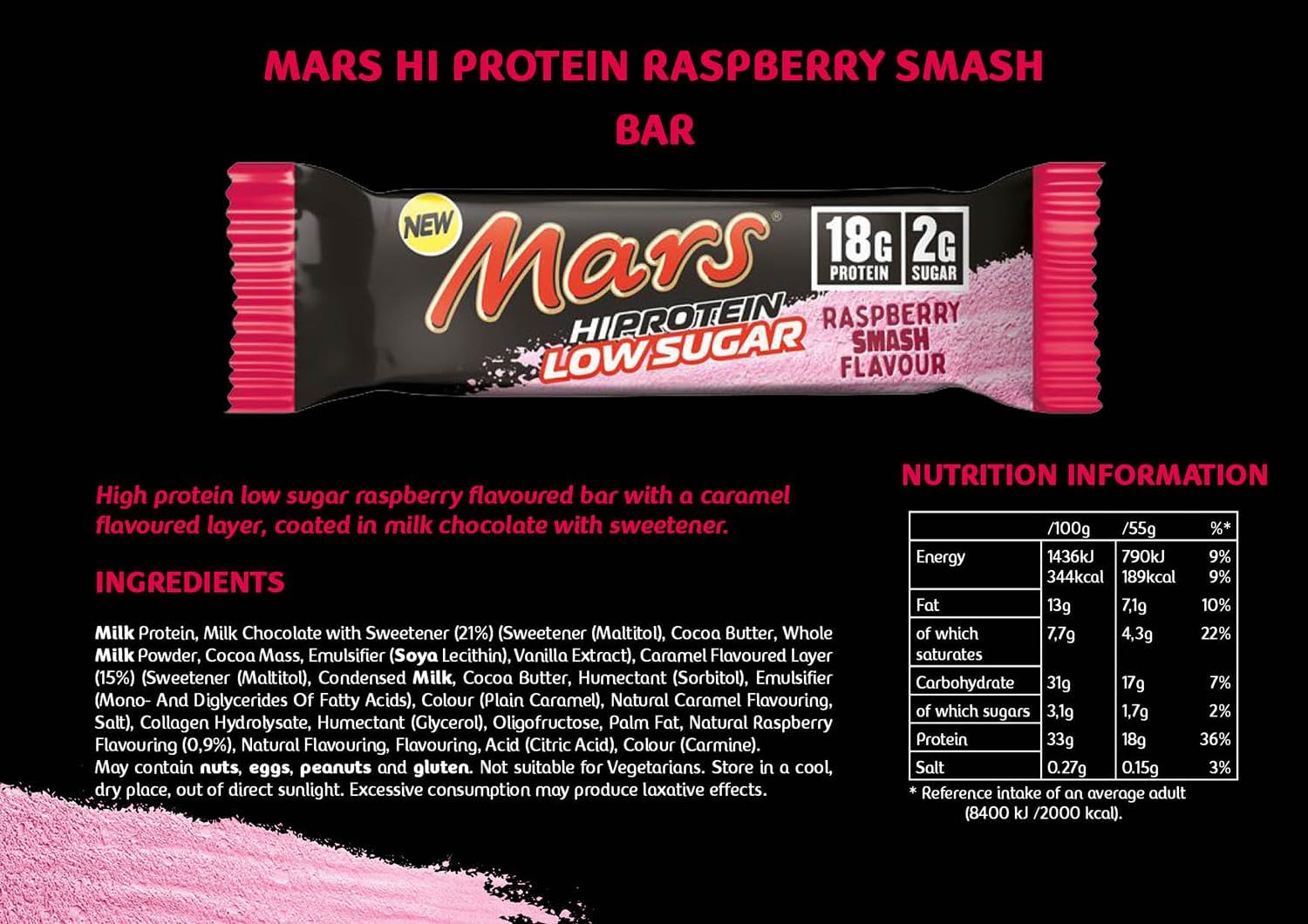 Mars High Protein Bar Low Sugar Raspberry Smash 55g - Pack of 12