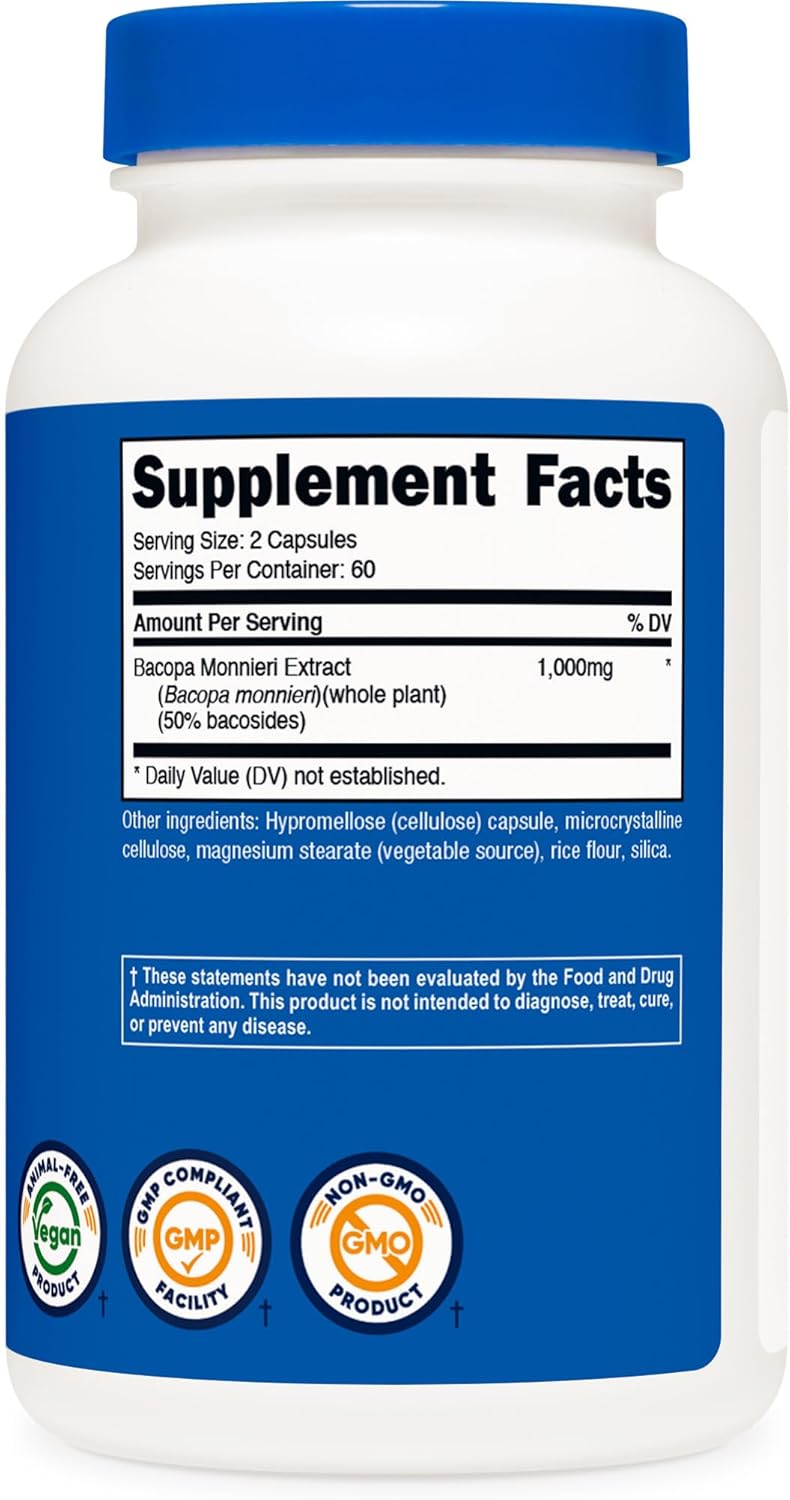 Nutricost Bacopa Monnieri 1000mg, 120 Capsules - Non-GMO, Gluten Free, and Vegetarian Friendly