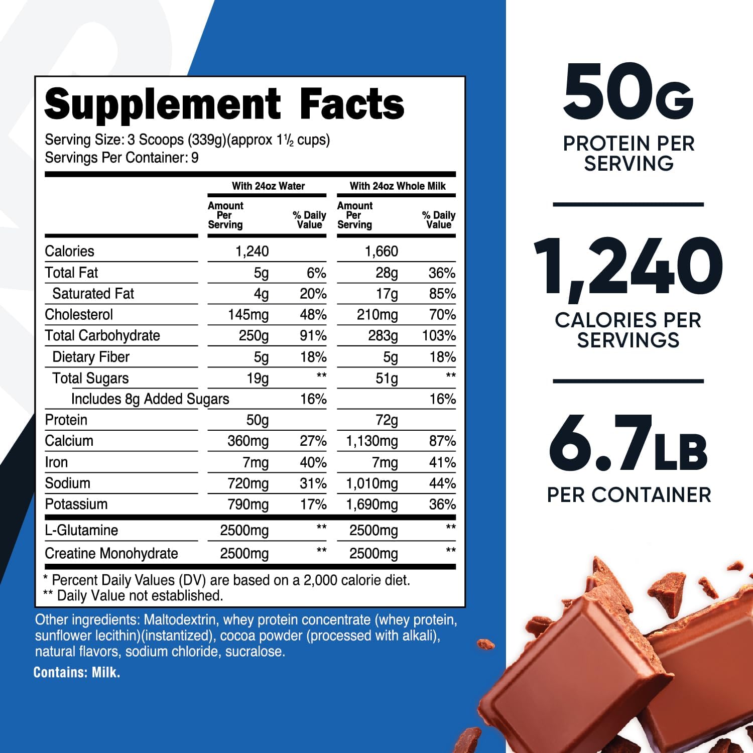 Nutricost Mass Gainer Double Chocolate Flavor, 6.7lb - 50 Grams of Protein Per Serving - Non-GMO & Gluten Free