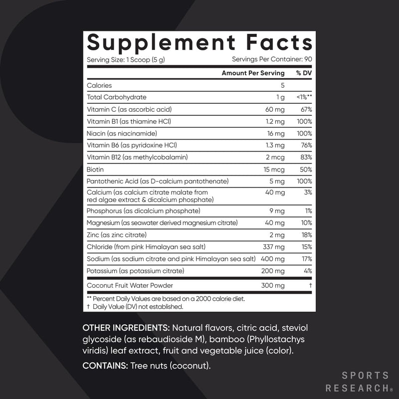 Sports Research Hydrate Electrolytes Powder, 90 serving - Sugar-Free & Naturally Flavored with Vitamins, Minerals, and Coconut Water