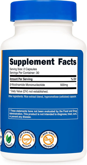 Nutricost NMN (Nicotinamide Mononucleotide) 500mg, 60 Capsules - Vegetarian Friendly, Gluten Free, Non-GMO