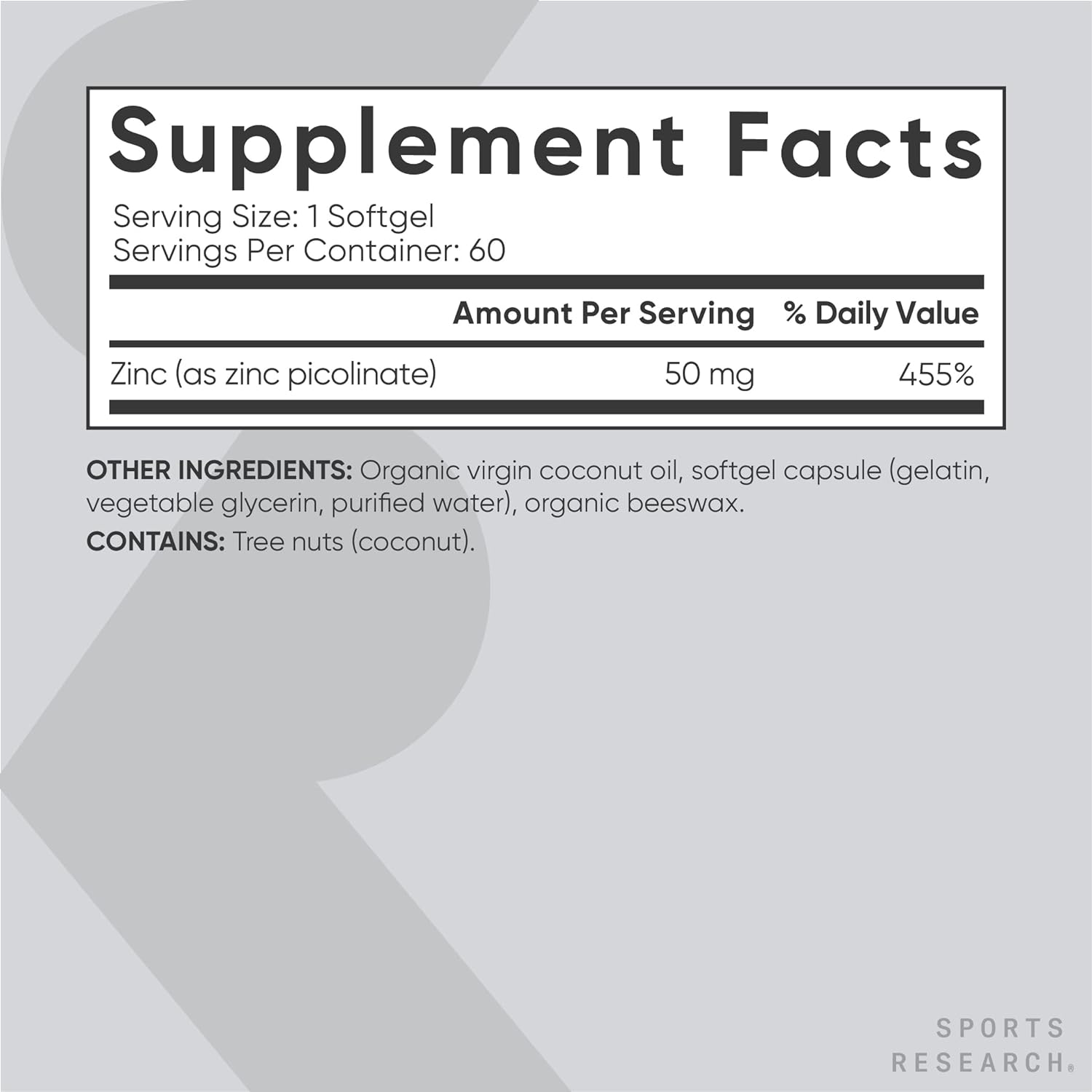 Sports Research Zinc Picolinate 50mg with Organic Coconut Oil - Highly Absorbable Zinc Supplement for Healthy Immune & Enzyme Function