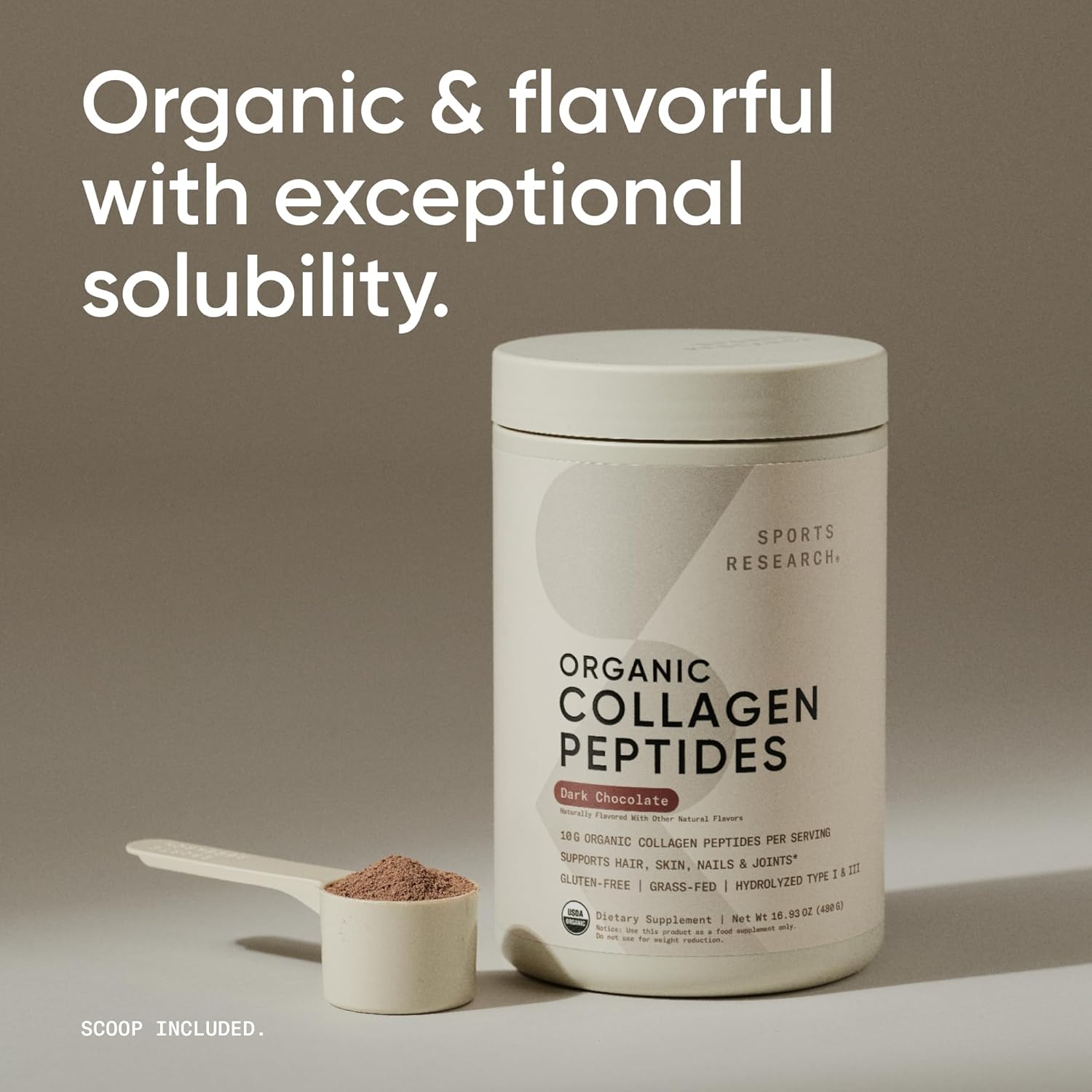 Sports Research Organic Collagen Peptides, Dark Chocolate, 480g - Hydrolyzed Type I & III Collagen Protein Powder with Amino Acids