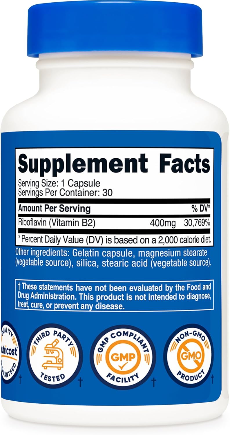Nutricost Vitamin B2 (Riboflavin) 400mg, 30 Capsules - Gluten Free, Non-GMO