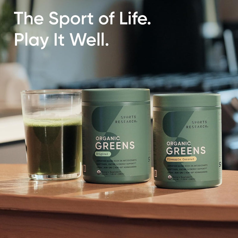Sports Research Organic Greens Superfood Powder 200g - Spirulina & Chlorella, Adaptogens, Enzymes, Probiotics & 8 VIT Bs for Gut & Mood Support