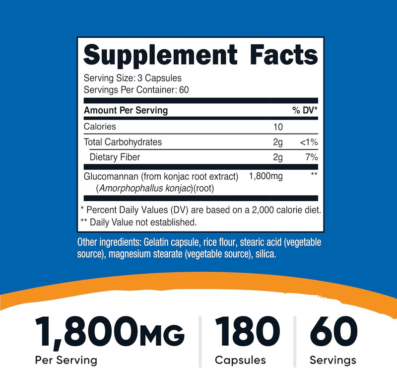 Nutricost Glucomannan Konjac Root Extract, 180 Capsules - Natural Fiber Source, Non-GMO, Gluten Free