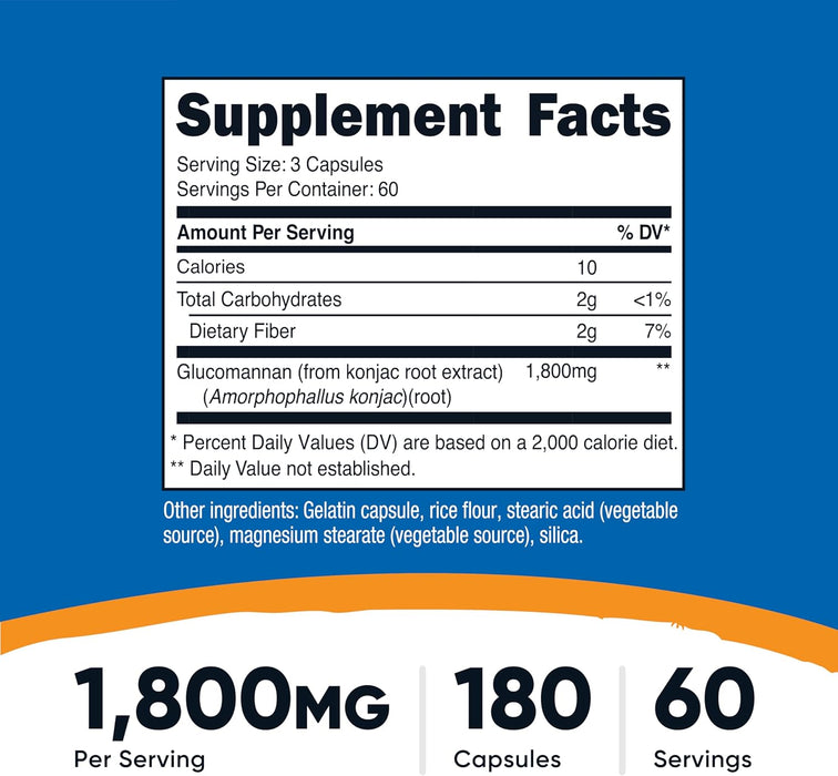 Nutricost Glucomannan Konjac Root Extract, 180 Capsules - Natural Fiber Source, Non-GMO, Gluten Free