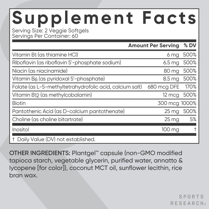 Sports Research Vitamin B-Complex - Full Spectrum of B Vitamins, 120 Veggie softgels