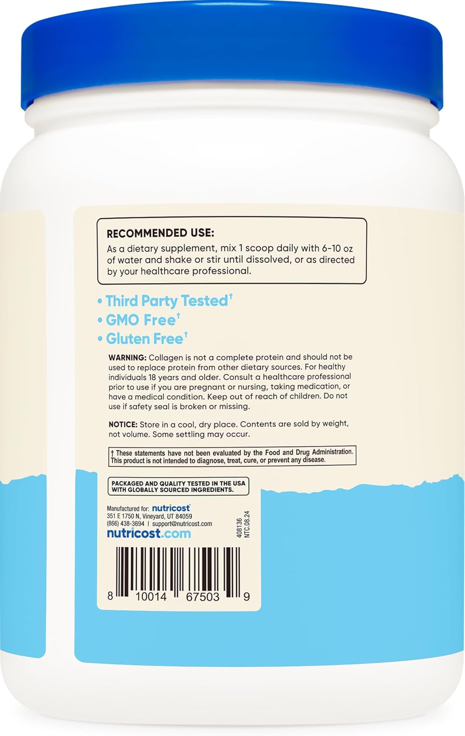 Nutricost Grass-Fed Collagen Peptides Powder 1lb, Unflavoured - Grass Fed Bovine Collagen Hydrolysate