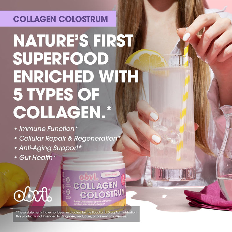 Obvi Collagen Peptide Colostrum Powder Lemon Sorbet, 30 Servings