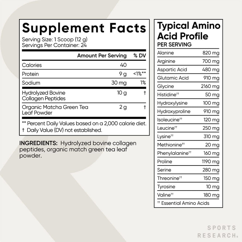 Sports Research Collagen Peptides with Matcha Green Tea, 24 servings, 10.16oz