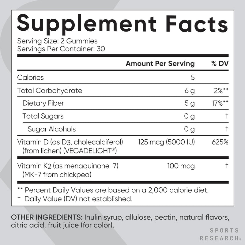 Sports Research Vegan Vitamin D3 + K2 Gummy Supplements, 60 Gummies - 5000iu Vitamin D with 100mcg Mk7 Vitamin K - Supports Bone& Immune Health