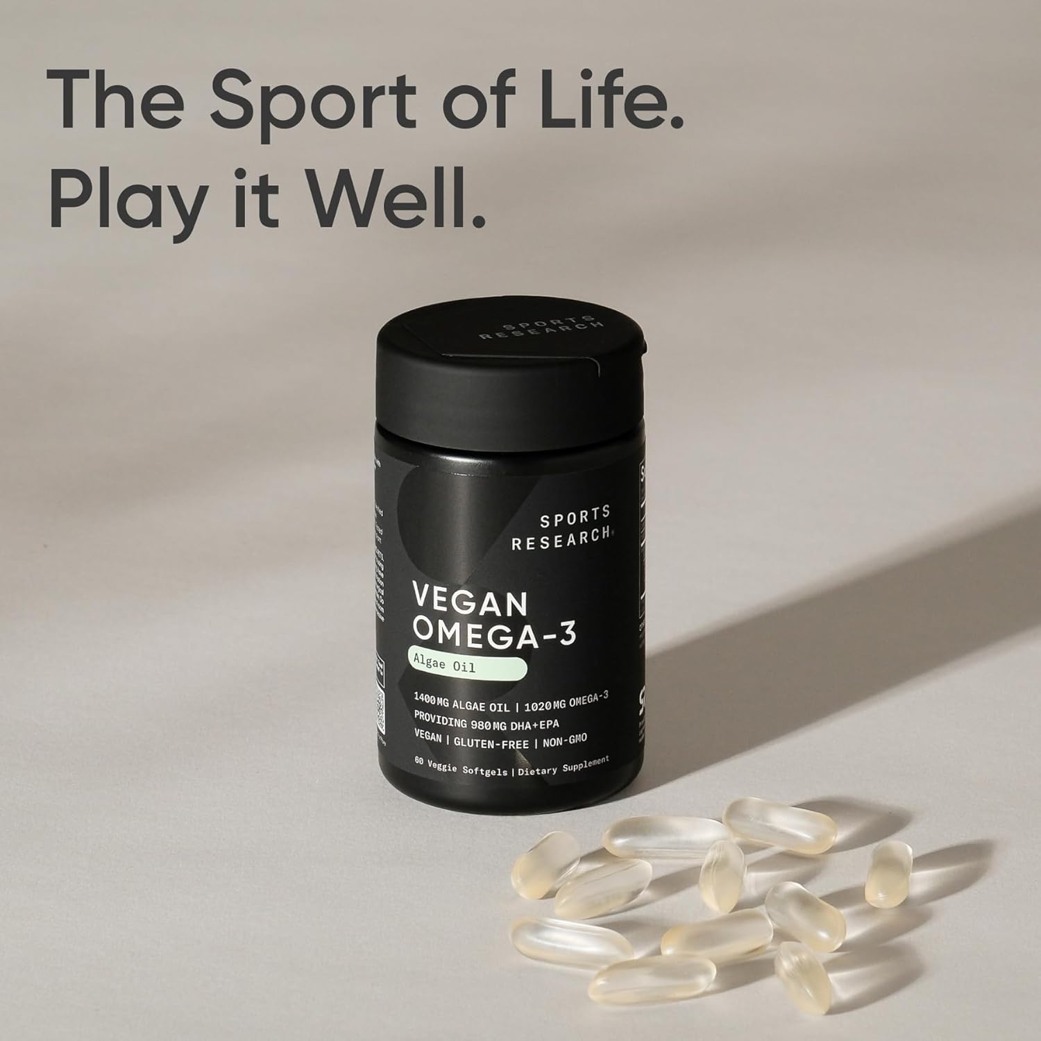 Sports Research Vegan Omega-3 1400mg Algae Oil, 60 Veggie softgels - Highest Levels of Vegan DHA & EPA Fatty Acids