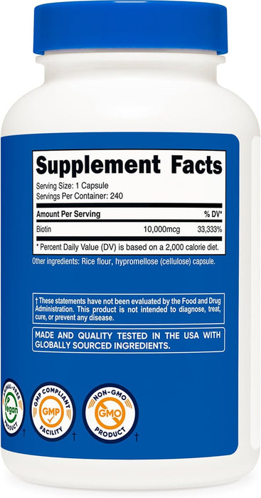 Nutricost Biotin Vitamin B7 Supplement, 240 Capsules - Vegetarian, Gluten Free, Quick Release, Non-GMO
