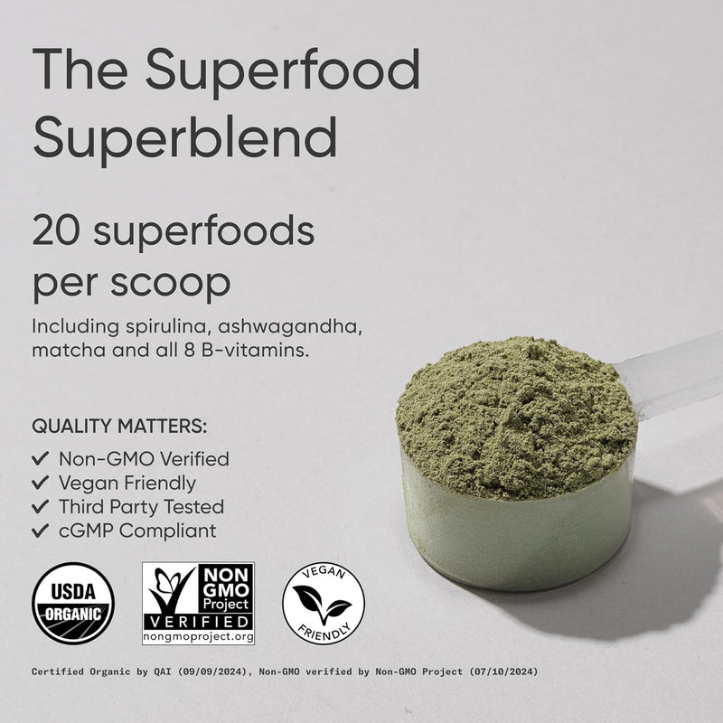Sports Research Organic Greens Superfood Powder 200g - Spirulina & Chlorella, Adaptogens, Enzymes, Probiotics & 8 VIT Bs for Gut & Mood Support