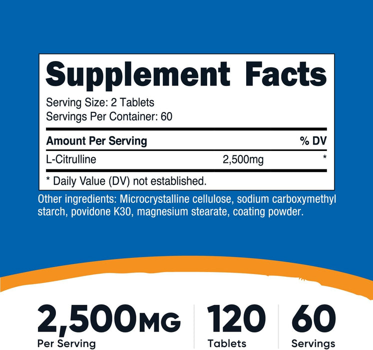Nutricost L-Citrulline 2500mg Per Serving, 120 Tabs - 60 serving - Non-GMO and Gluten Free Supplement
