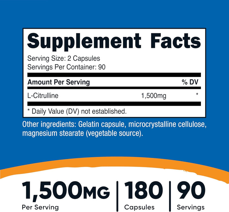 Nutricost L-Citrulline 1500mg, 180 Capsules - 750mg Per Capsule, Gluten Free, Non-GMO