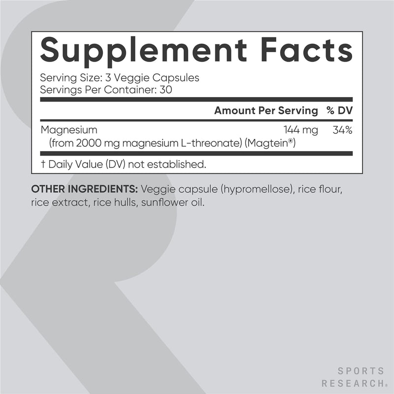 Sports Research Magnesium L-Threonate 2000mg, 90 veggie capsules