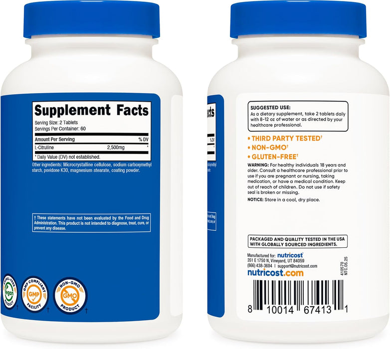 Nutricost L-Citrulline 2500mg Per Serving, 120 Tabs - 60 serving - Non-GMO and Gluten Free Supplement