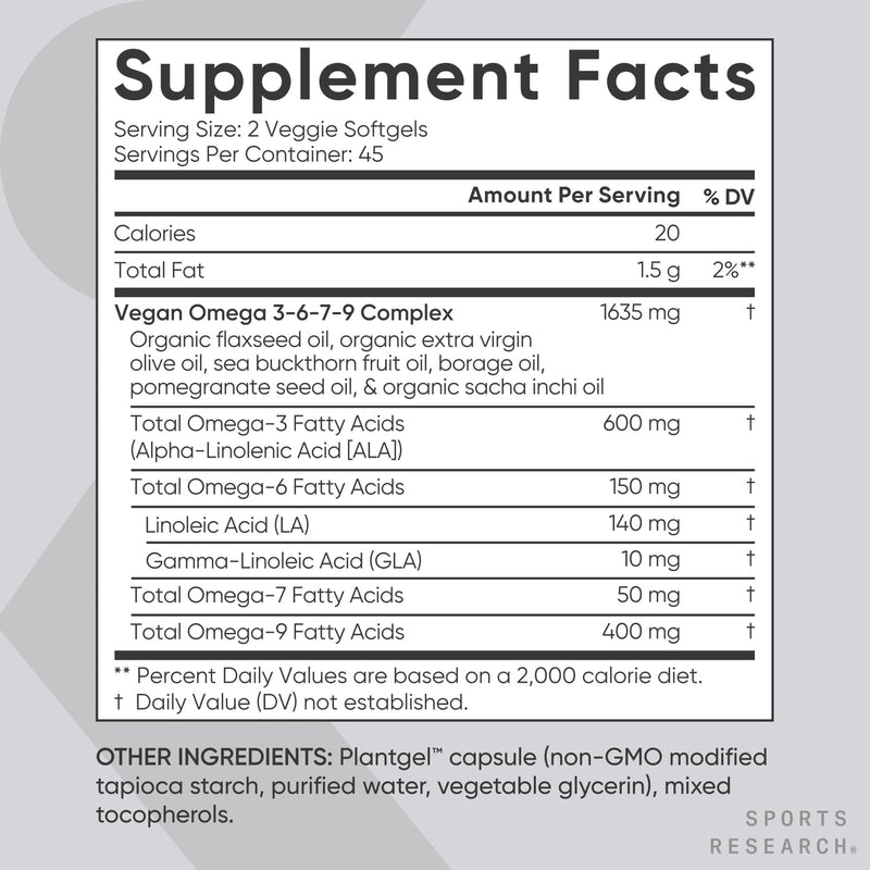 Sports Research Vegan Omega 3.6.7.9, 90 Veggie softgels - 1200 mg of Multi-Spectrum Omega Fatty Acids Certified Non-GMO Formula with Sea Buckthorn & Borage Oil