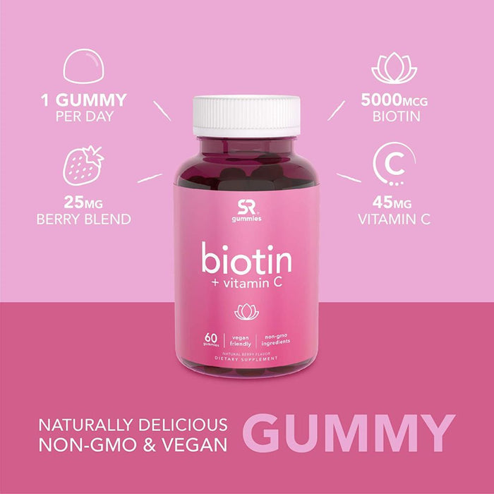 Sports Research Biotin + Vitamin C - 60 Vegan Gummies for Healthy Hair & Skin