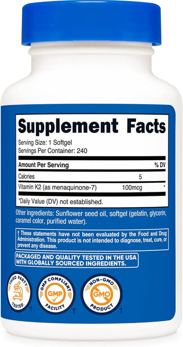 Nutricost Vitamin K2 MK-7, 240 Softgels - Gluten Free and Non-GMO