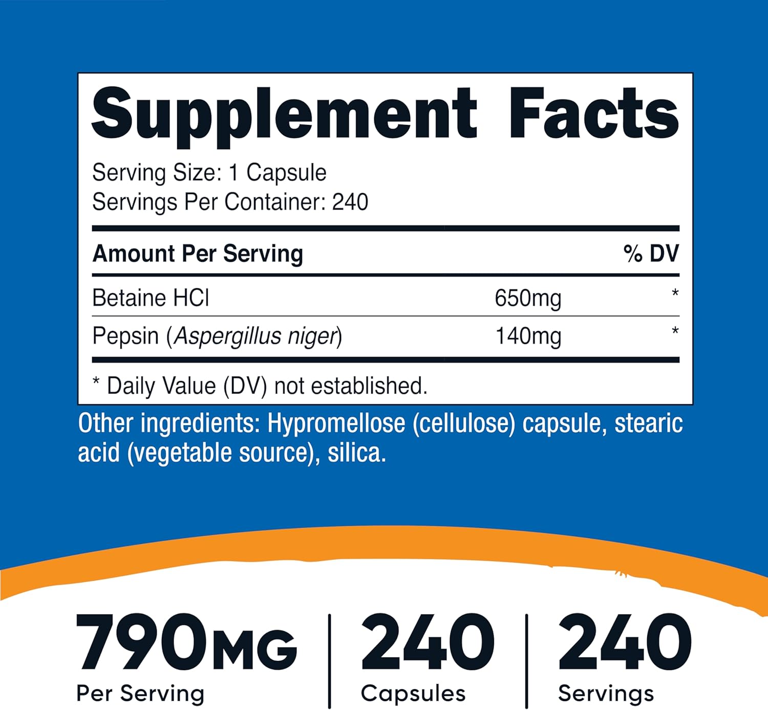 Nutricost Betaine HCl + Pepsin 790mg, 240 Capsules - Vegetarian & GMO Free