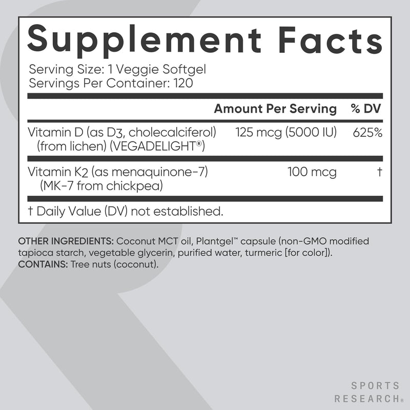 Sports Research Vitamin D3 + K2, 120 softgels - Plant Based K2 & Vegan D3 5000iu with Coconut MCT Oil - Vegan Certified, Soy & Gluten Free