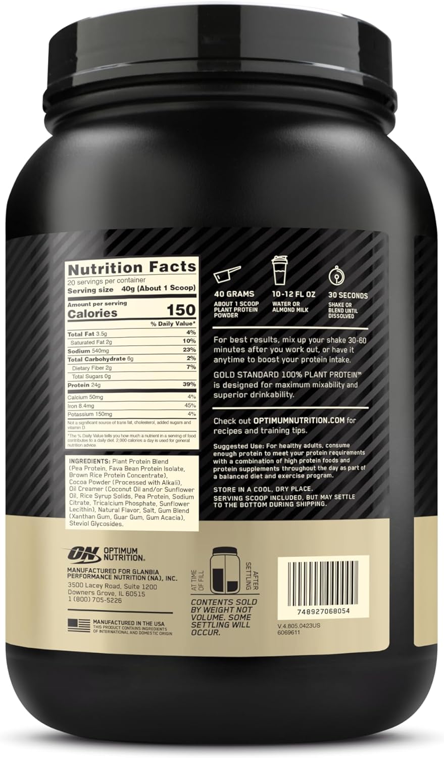 Optimum Nutrition (ON) Gold Standard 100% Plant Based Protein Powder, Gluten Free, Vegan Protein for Muscle Support and Recovery with Amino Acids