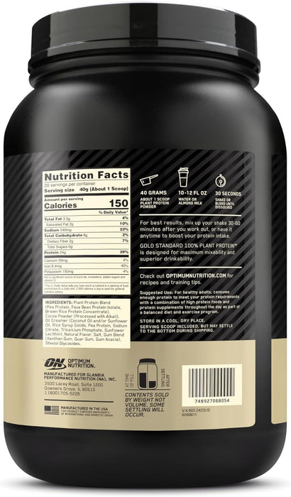 Optimum Nutrition (ON) Gold Standard 100% Plant Based Protein Powder, Gluten Free, Vegan Protein for Muscle Support and Recovery with Amino Acids