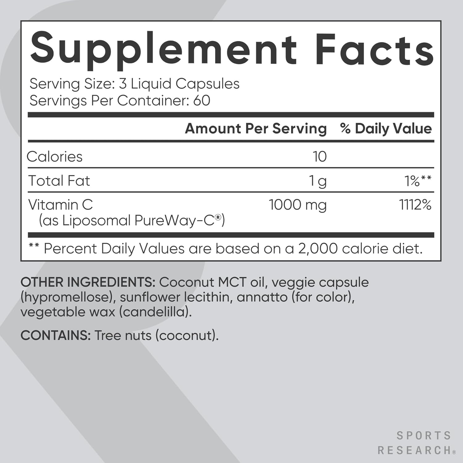 Sports Research High Potency Liposomal Vitamin C Supplement 1000 mg, 180 Liquid Veggie Capsules