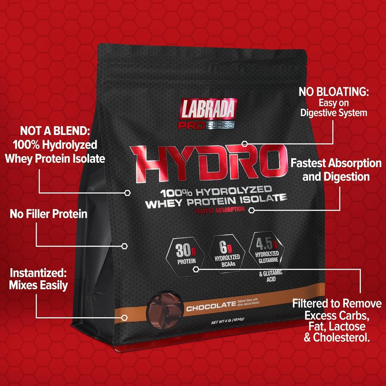 Labrada Hydro 100% Pure Hydrolyzed Whey Protein Isolate Powder, 4lb