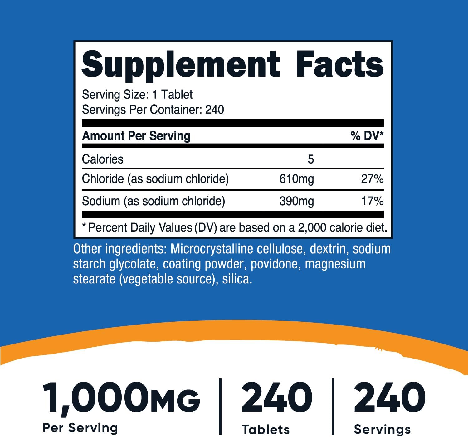 Nutricost Sodium Chloride 1000mg, 240 Tablets - Salt Tablets, Non-GMO, Gluten Free
