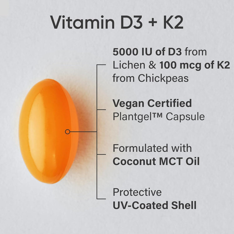 Sports Research Vitamin D3 + K2, 120 softgels - Plant Based K2 & Vegan D3 5000iu with Coconut MCT Oil - Vegan Certified, Soy & Gluten Free
