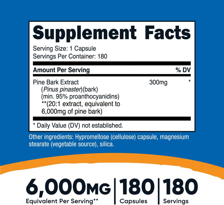 Nutricost Pine Bark Extract, 180 Capsules - Standardized to Contain 95% Proanthocyanidins - Vegetarian, Non-GMO and Gluten Free