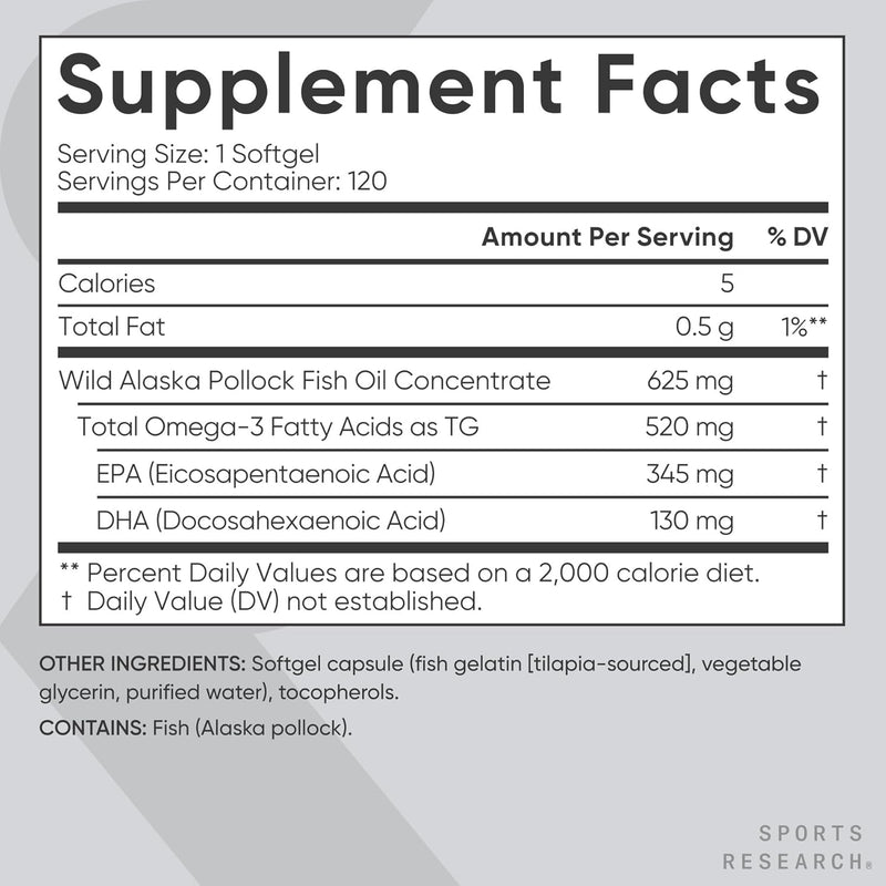 Sports Research Omega-3 Fish Oil, 120 softgels - Easy to Swallow Omega-3 Fatty Acids from Wild Caught Alaska Pollock